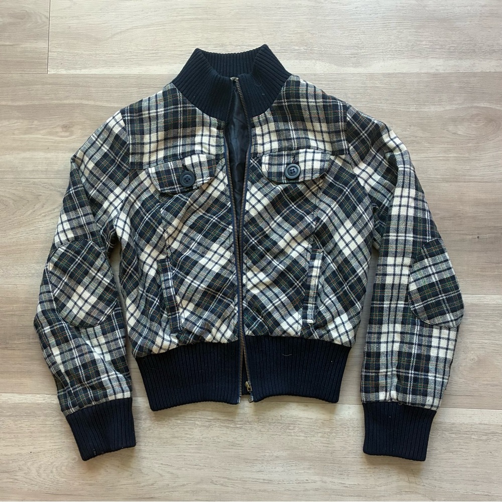 Plaid Zip-Up Bomber Jacket in Black, Cream & Navy